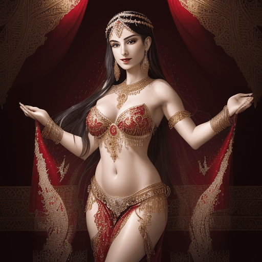 AI generated: 
 a high-resolution portrait of a beautiful 25 year old belly dancer wearing exquisite flowing red s...