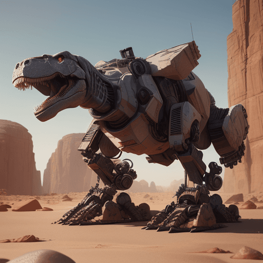 AI generated: A mech robot with the bio of a t-rex ,electronics,details ,in desert with rocks and stones,machinegu...
