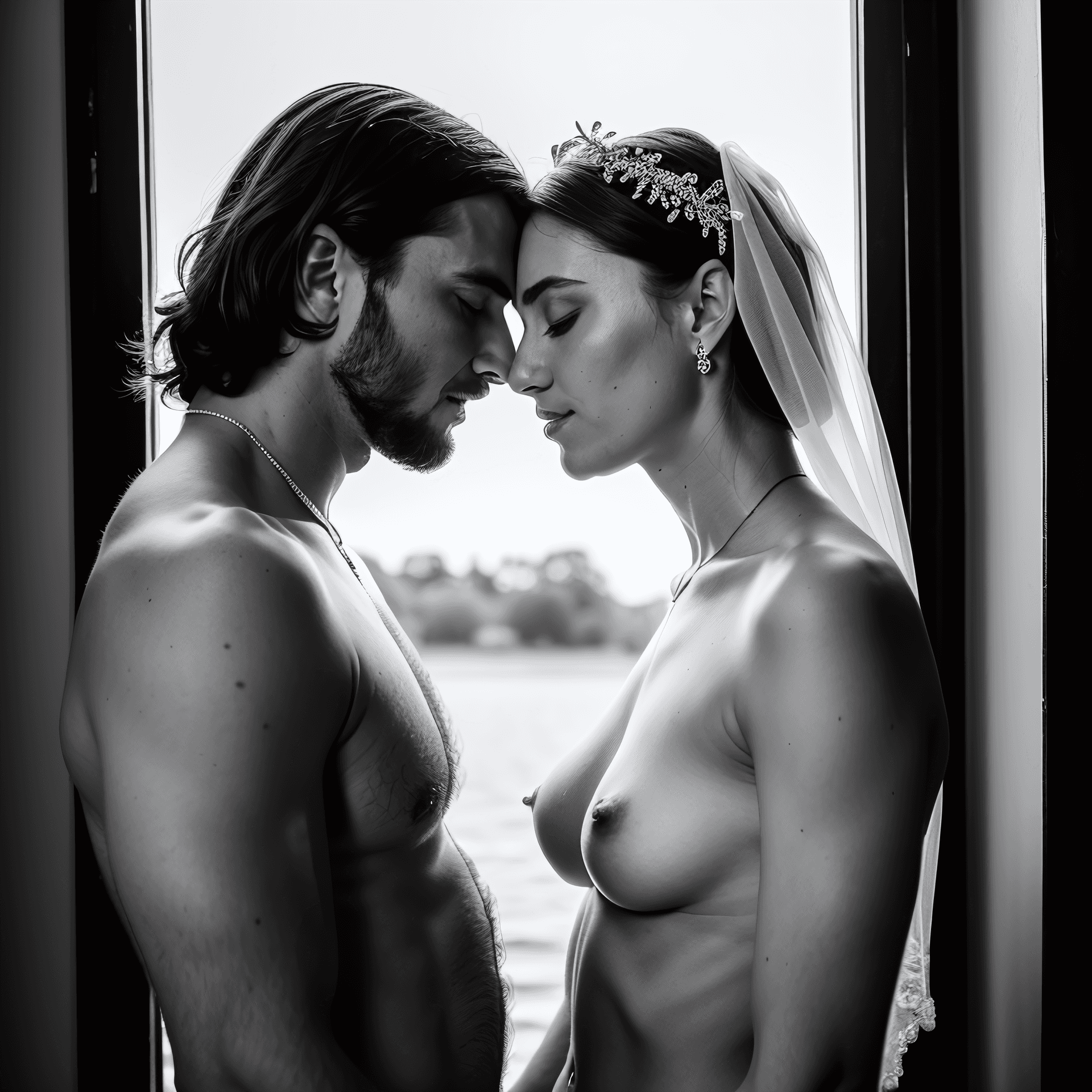 AI generated: professional full length RAW black and white photograph of a naked European couple: a naked muscular...