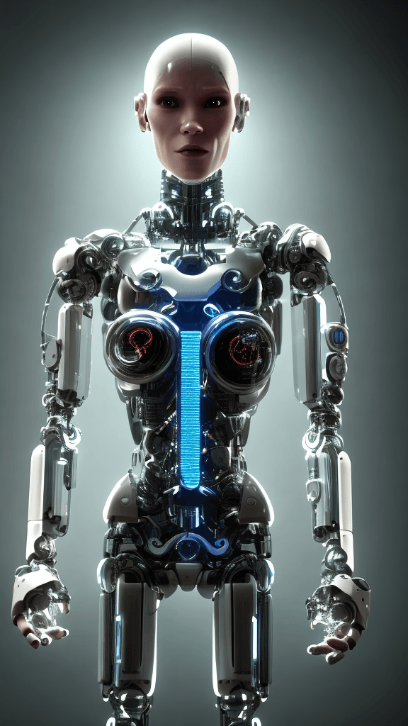 AI generated: a cyborg human made from robotic parts, a blend of human skin and mechanical components, illuminated...