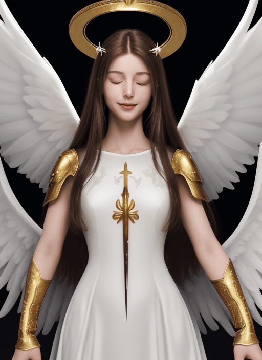 AI generated: a femine angel, tall, long brown hair, closed eyes, a light smile, white dress, big white wings, a h...