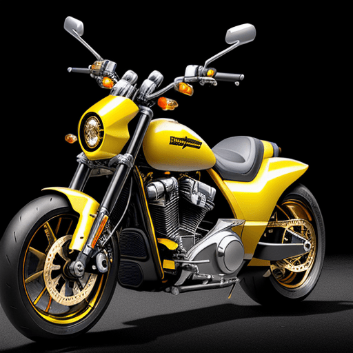 AI generated: A yellow futuristic motorcycle with a Harley-Davidson engine with a golden fender