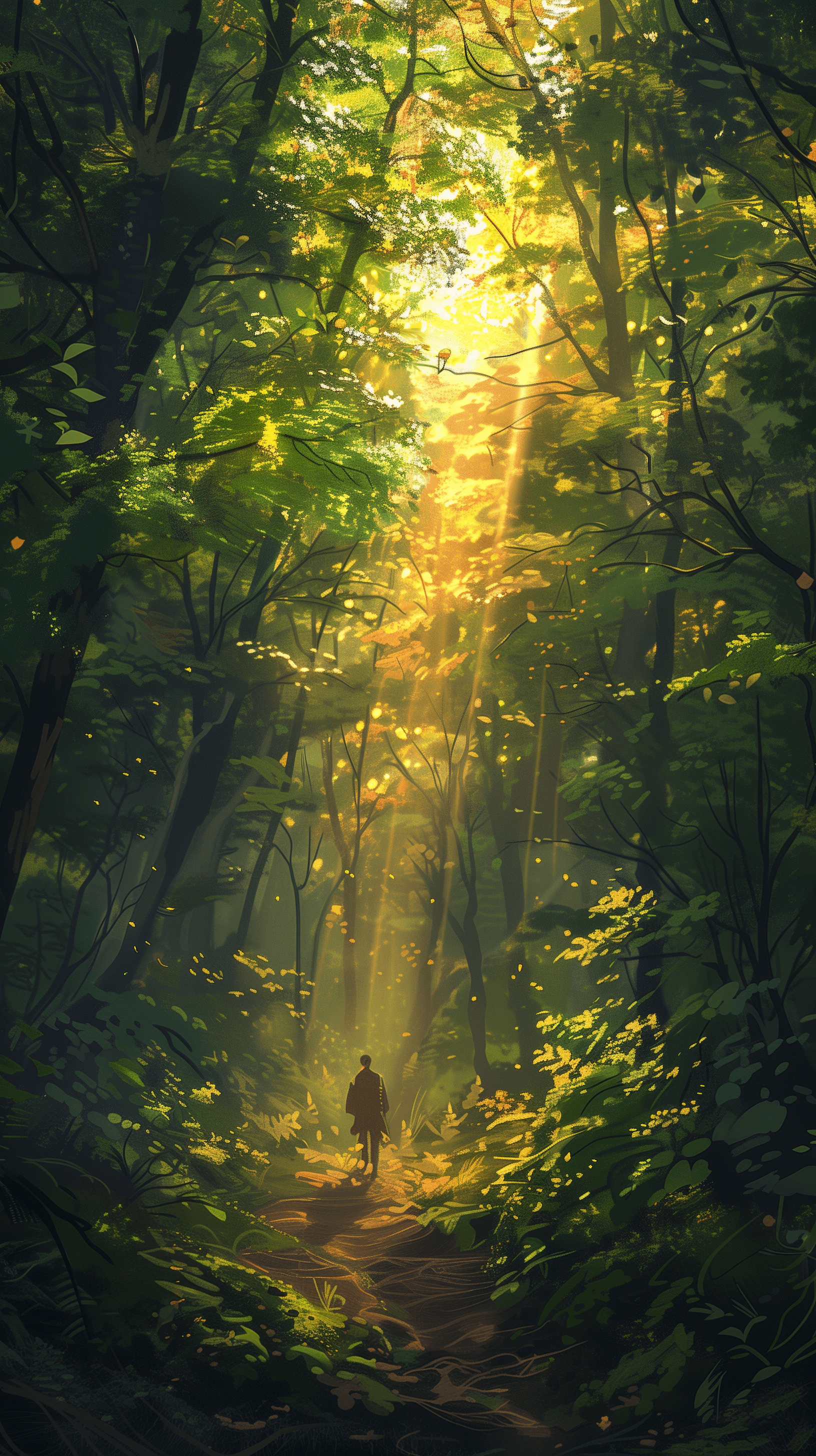 AI generated: tranquil forest scene depicting a lone explorer, walking through a beam of golden sunlight filtering...
