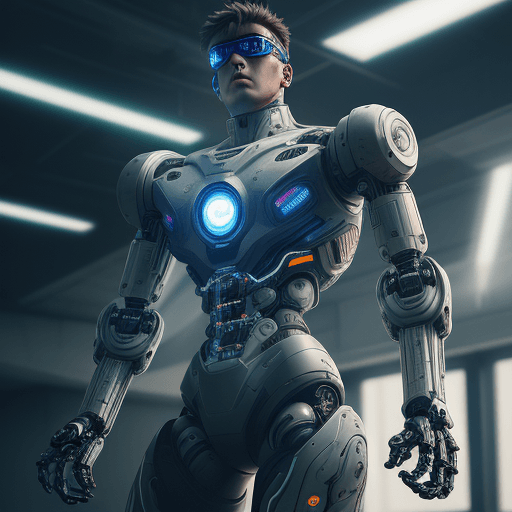AI generated: cybernetic robot athletic young, robotic arm, robotic leg, robotic armor, robotic face, male, cyberp...