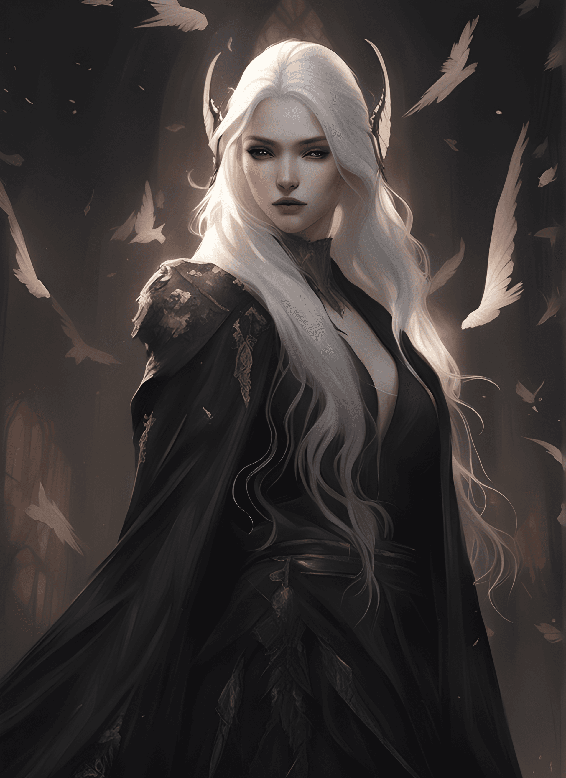 AI generated: a close up of a woman with long white hair and black wings, by Yang J, dark fantasy style art, dark ...