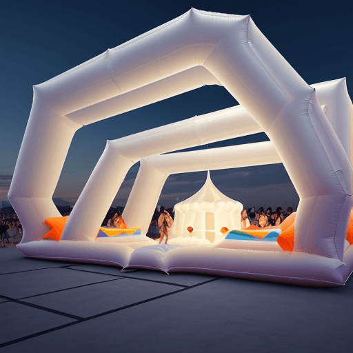 AI generated: high resolution, 8k, inflatable pavillion architecture concept, trendy, modern, futuristic, dj party...