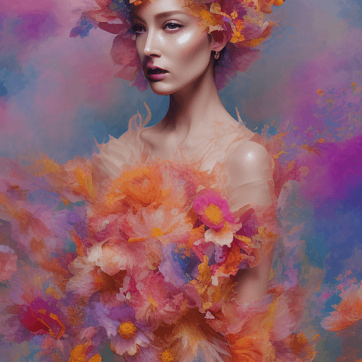 AI generated: A dreamy gown worn elegantly by a female character made from layers of bright orange bignonia flower...