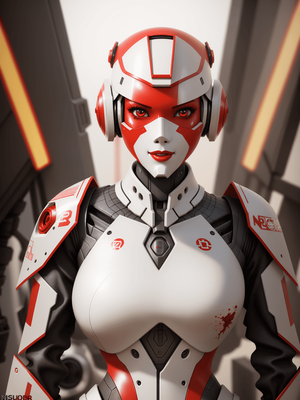 AI generated: ealistic photograph of female nousr robot, white and red nousr robot, digital 3d, hard surface, real...