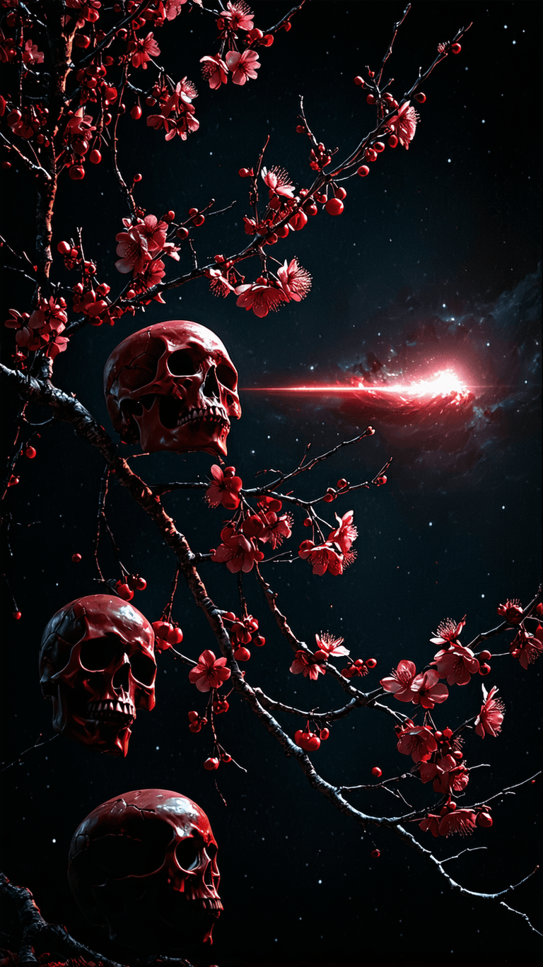AI generated: Cherry blossoms resembling dark red skulls stand out against a dark universe background, with a glow...