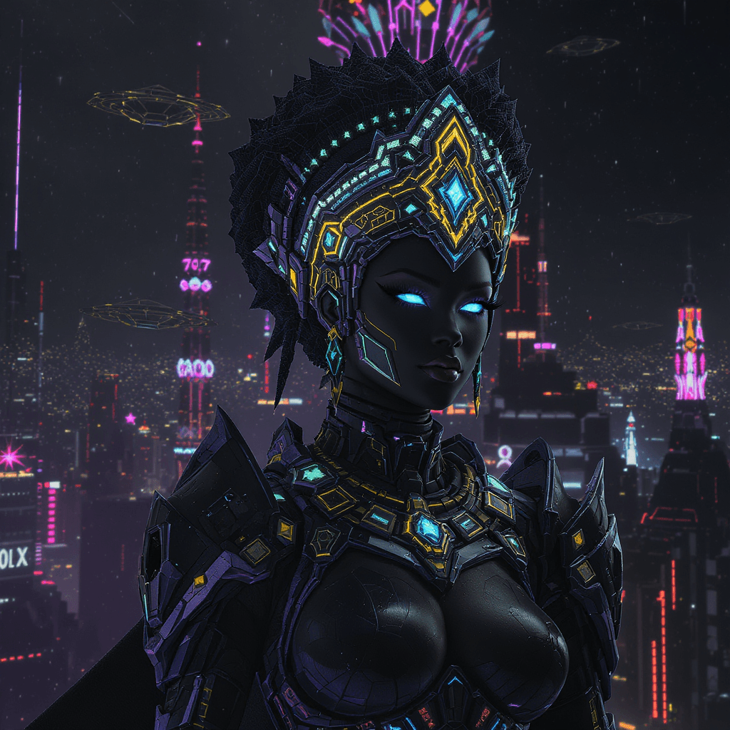 AI generated: Neo Tokyo Afro-fururistic themed background. A Warrior Queen in a 
holographic vibranium armor, cry...