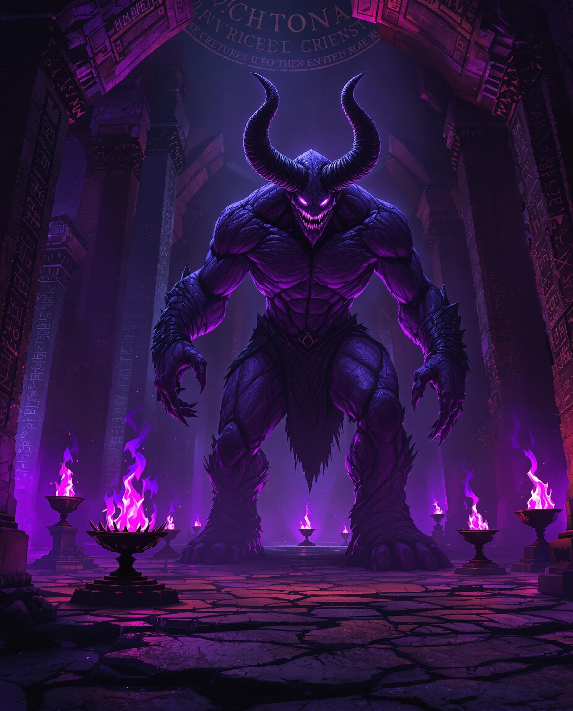 AI generated: In the depths of a grand, ancient crypt, a towering demon stands, its powerful form enveloped in sha...