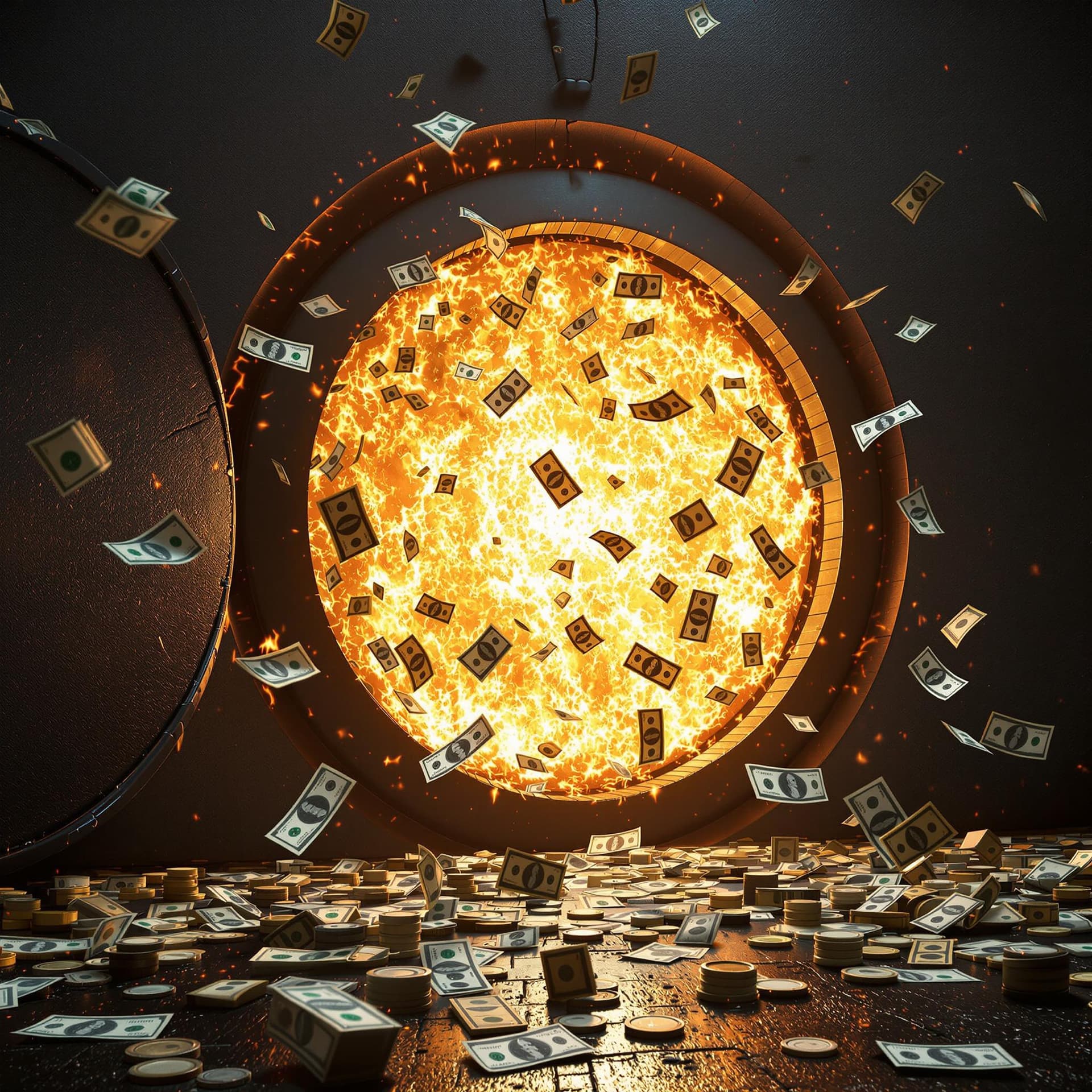 AI generated: back vault blown wide open with a little fire around the edges, money on the floor and hundred dolla...
