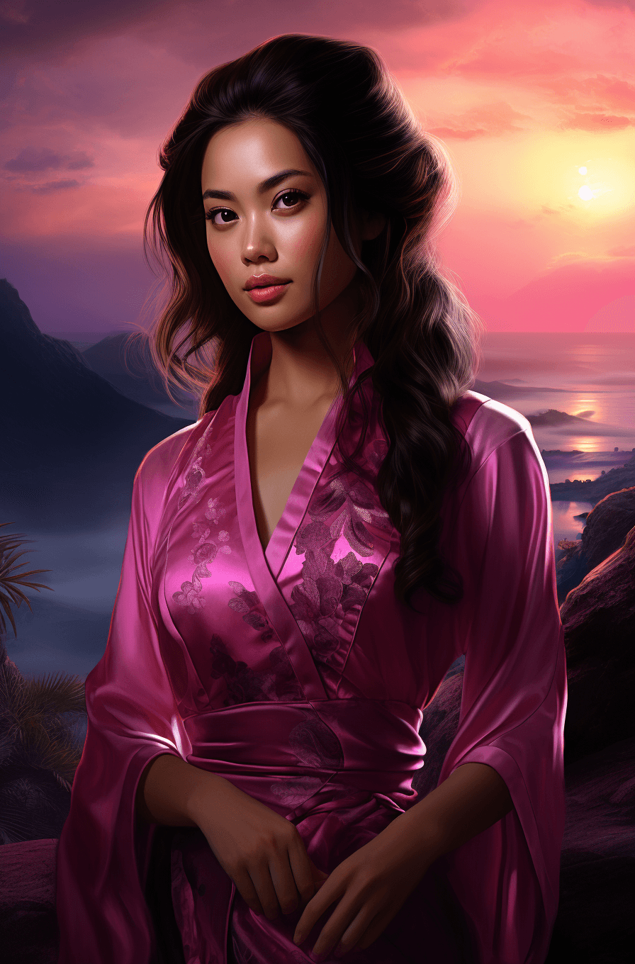 AI generated: Female asian dress up game with pink sky scene download, in the style of strong contrast, chiaroscur...