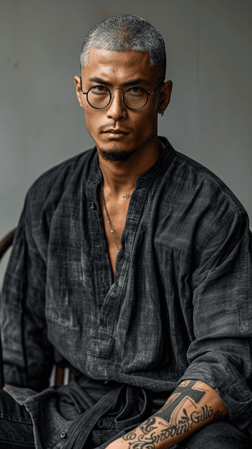 AI generated: photograph, long range shot, fashion model, male, seated on a chair, hairstyle is silver undercut, w...