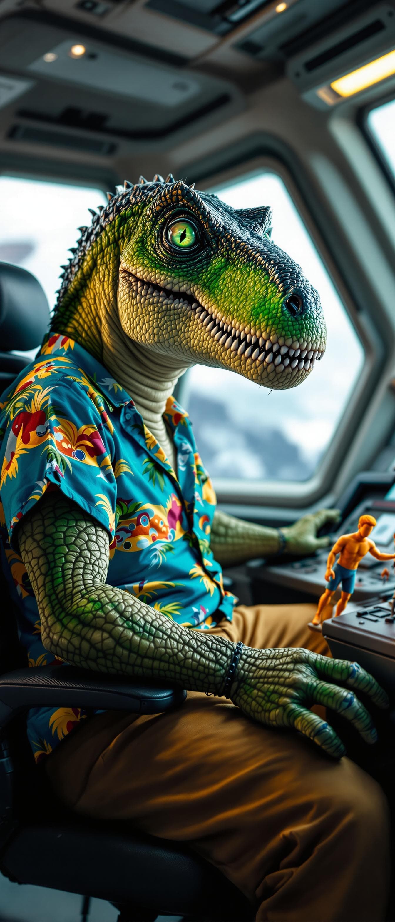 AI generated: Close-up portrait of a male dinosaur anthropomorphic with green grey skin, intelligent green eyes. H...