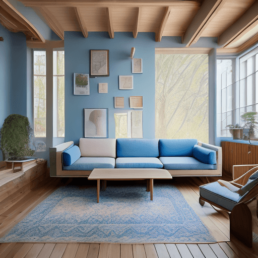 AI generated: High resolution photography interior design, dreamy sunken living room conversation pit, wooden floo...