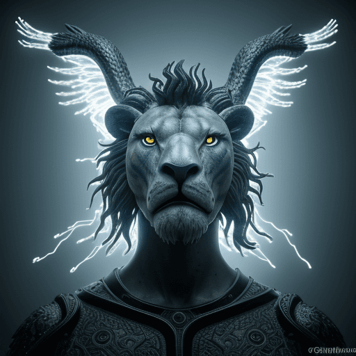AI generated: biblical, Ezekiel 1:1, creature close-up portrait angle, full-length body, 4 heads, lion head, human...