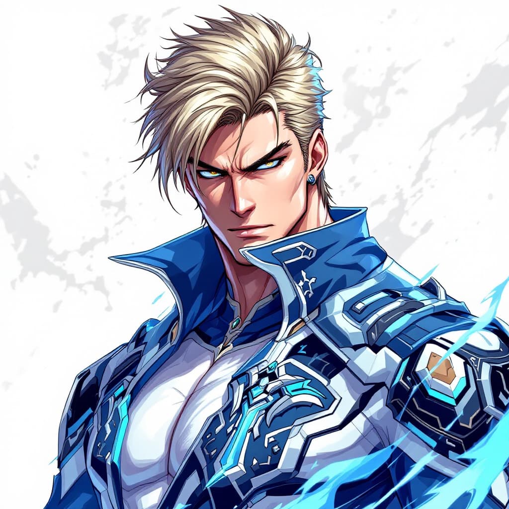 AI generated: A highly detailed anime-style illustration of a powerful and attractive male character. The characte...