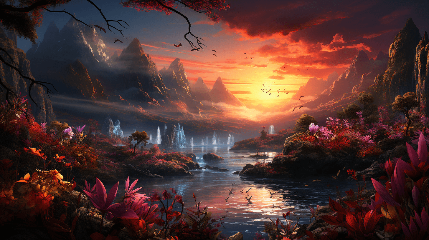 AI generated: ((masterpiece)), (best quality), (detailed), sunrise, cute mythical creatures flying, mountain, flow...