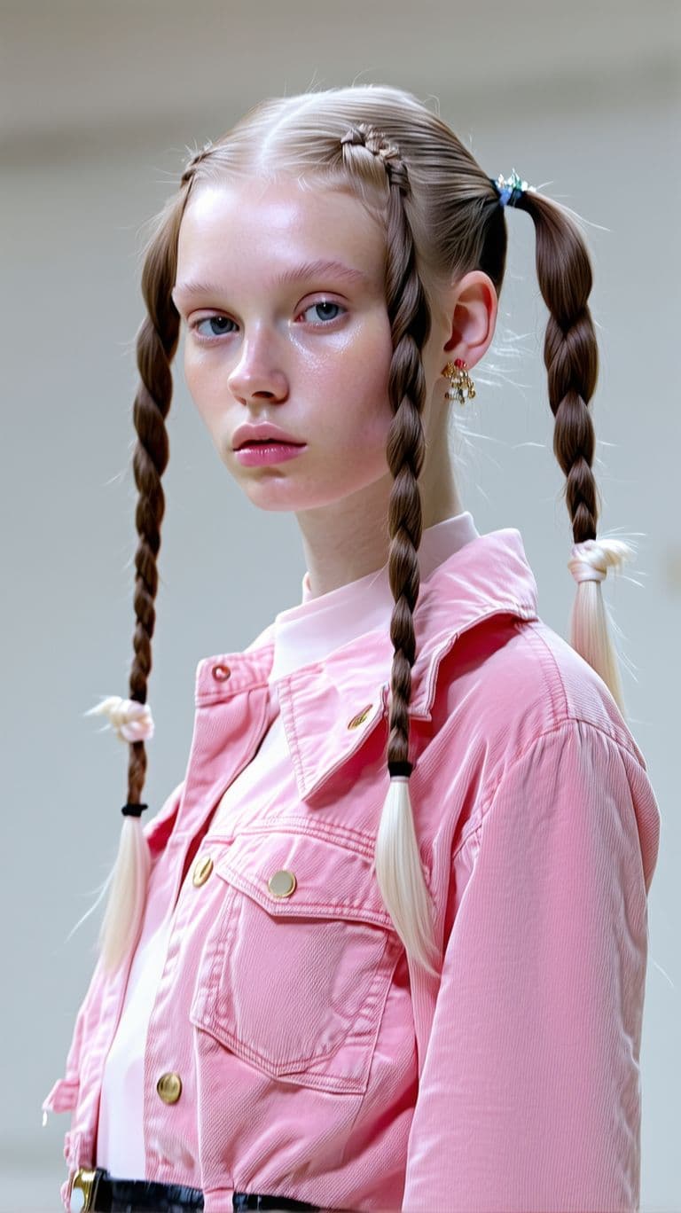 AI generated: Vogue Runway Model with long Pigtails in the style of candycore hair, pale skin and light pink lips ...
