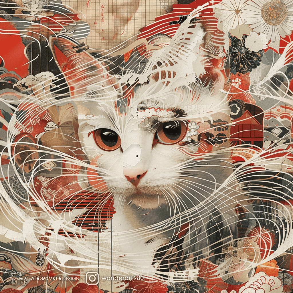 AI generated: A Japanese cat is portrayed in an abstract, geometric style using the colors white and red, with tra...