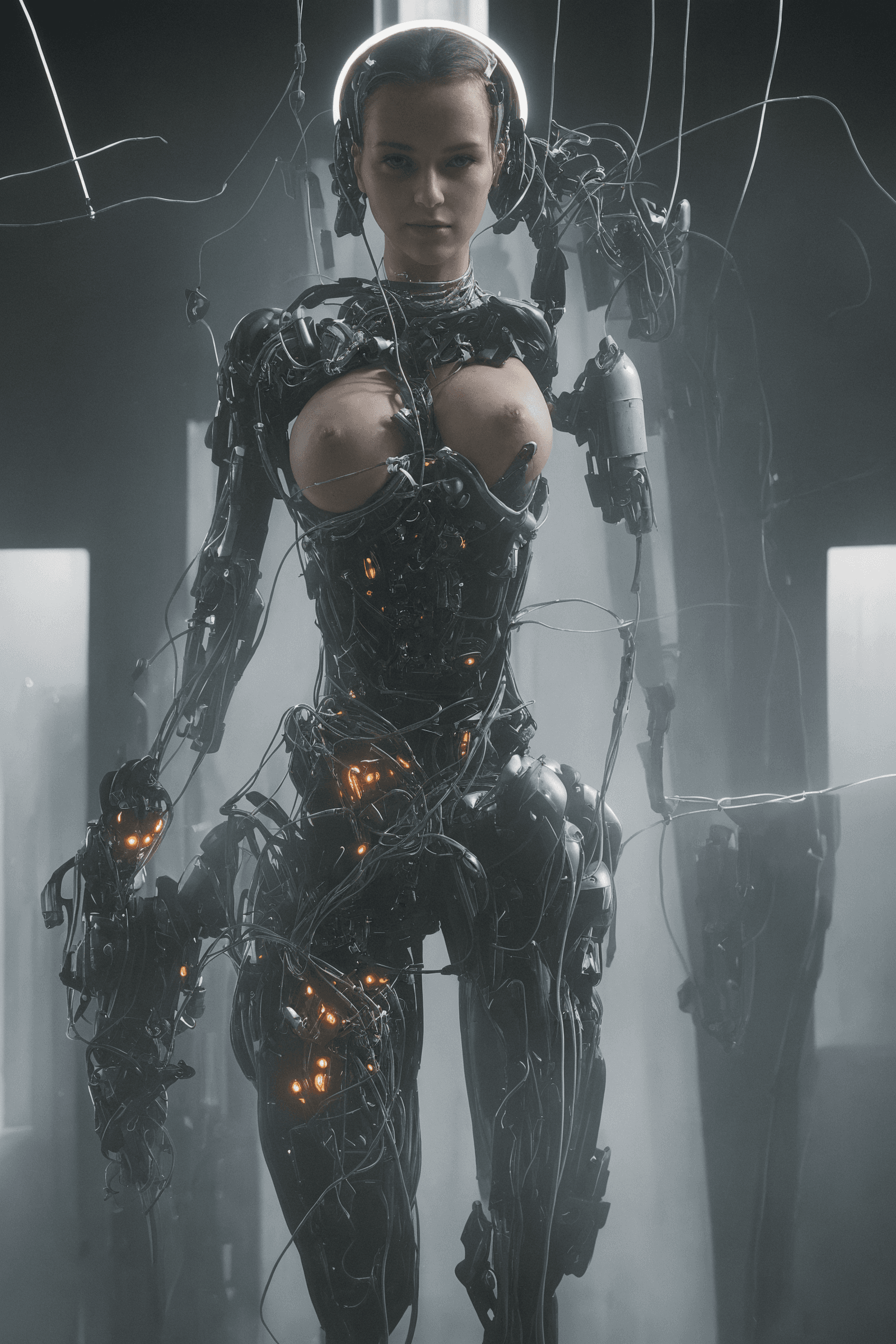 AI generated: Full body photograph of a (beautiful:1.2) (female:1.2) cyborg, in a (retrofuturism:1.3) science lab ...