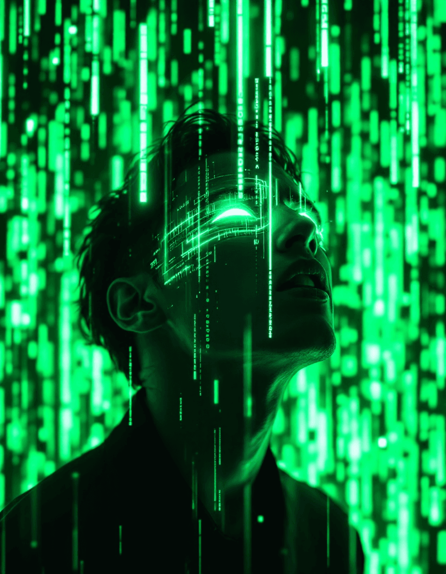 AI generated: The background is a mesmerizing, glowing matrix grid in a vibrant light green hue, with cascading st...