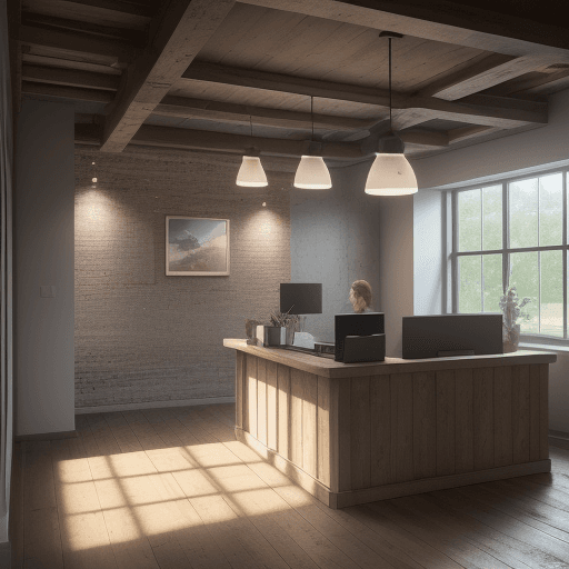 AI generated: laid-back office reception desk, simple, Leica SL2, incorporates a big pendant light, the soft glow ...