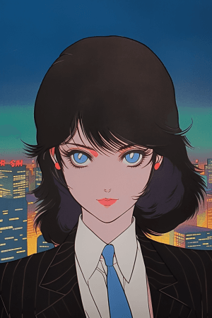 AI generated: a confident woman detective with a sleek brown bob cut and piercing blue eyes, wearing a tailored gr...