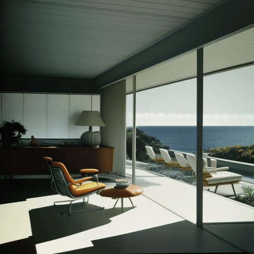 AI generated: Hyper realistic eye level exterior photo of a mid century modern style house overlooking the ocean, ...
