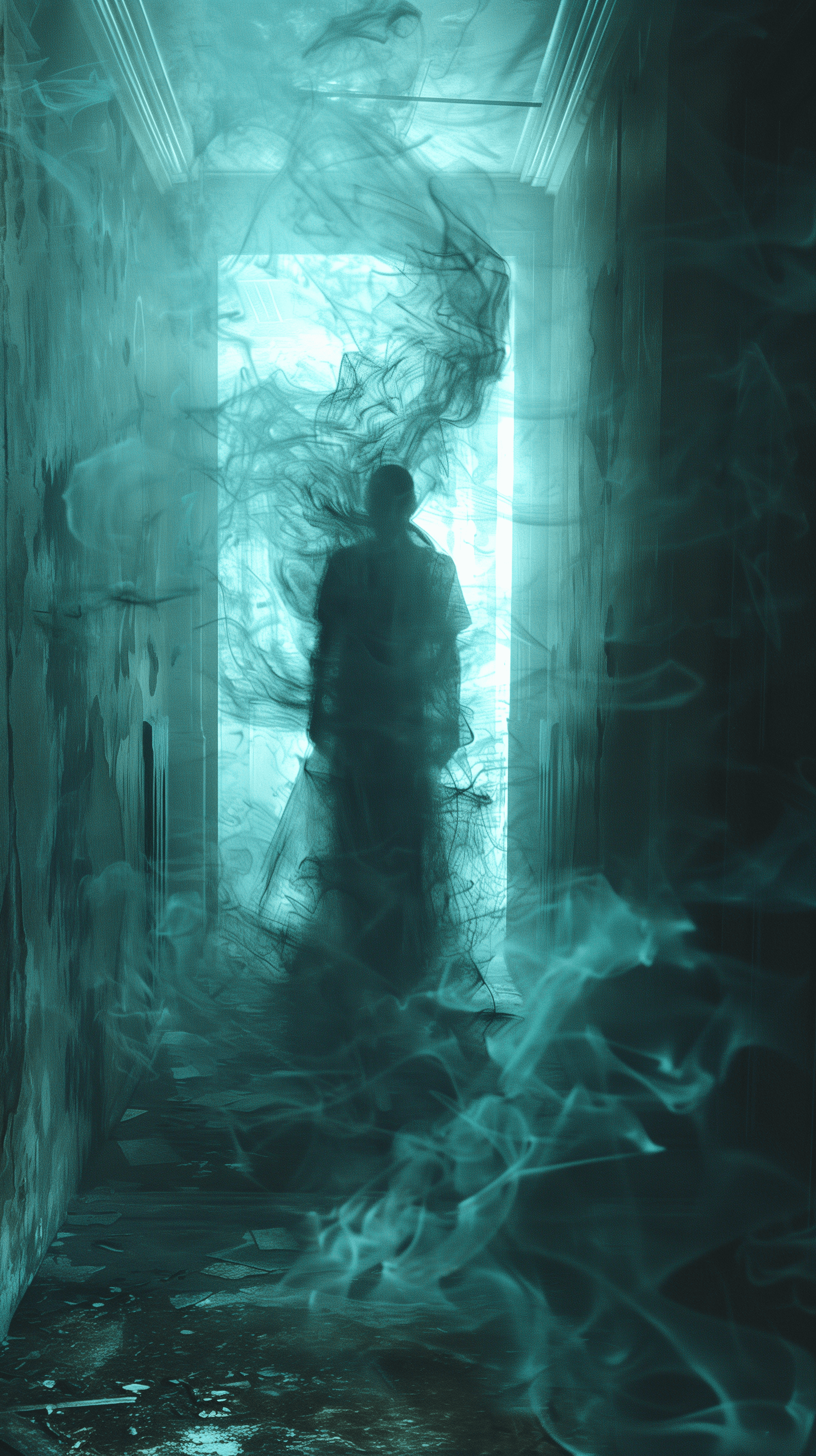 AI generated: surreal and atmospheric image, figure standing in a corridor, disintegrating into wispy, smoke-like ...