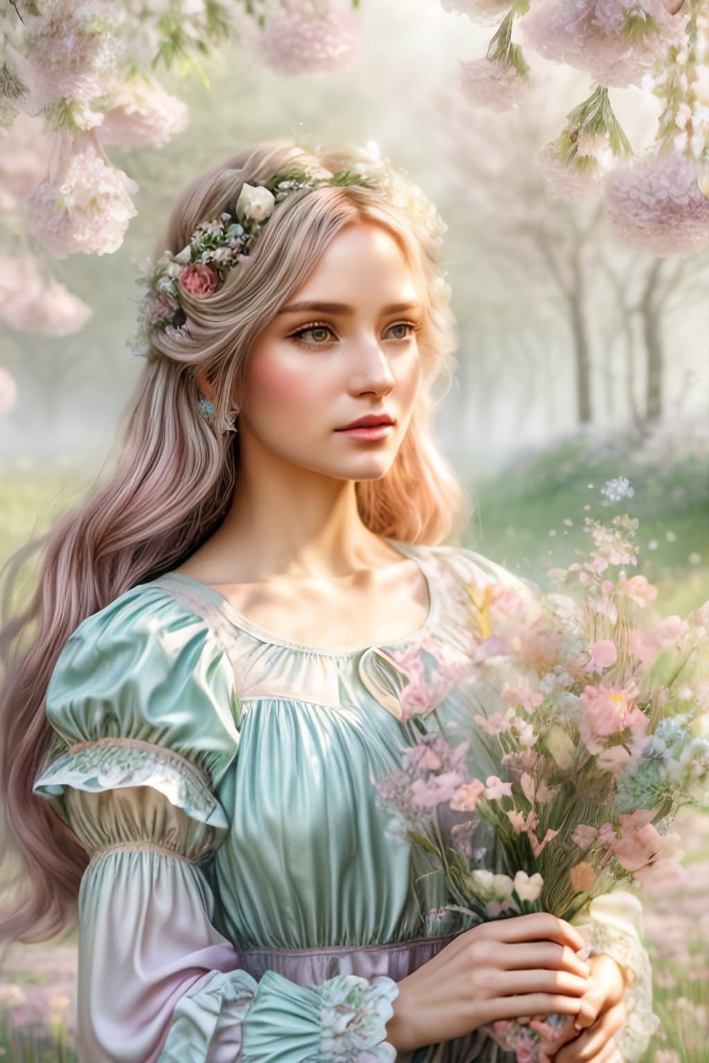 AI generated: mdjrny-v4 style, whimsical fantasy elegant meadow flowers botany maximalism with a wave of flowers g...