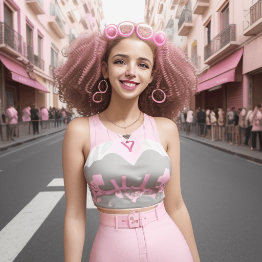 AI generated: woman smiling in pink and white with curly hair, when people are looking, in the style of y2k aesthe...