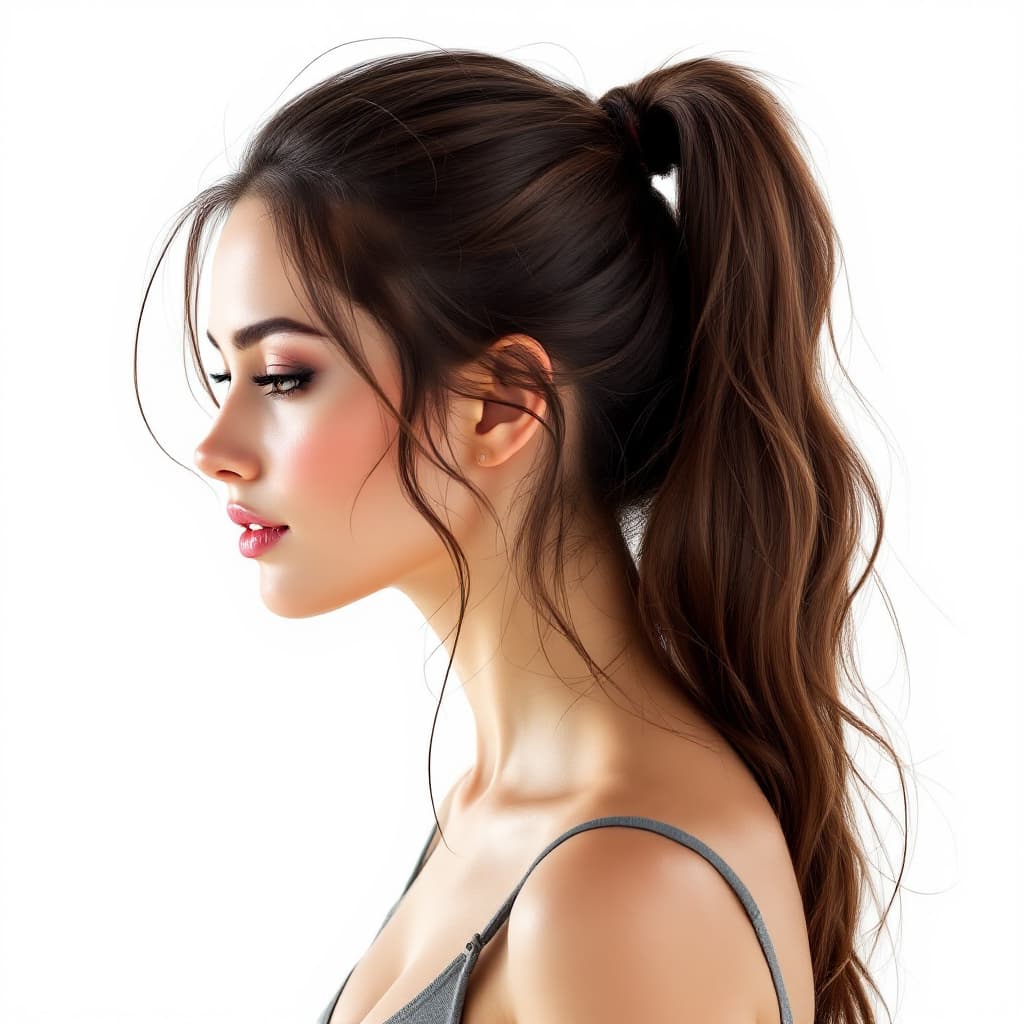 AI generated: Realistic, woman, long hair, ponytail