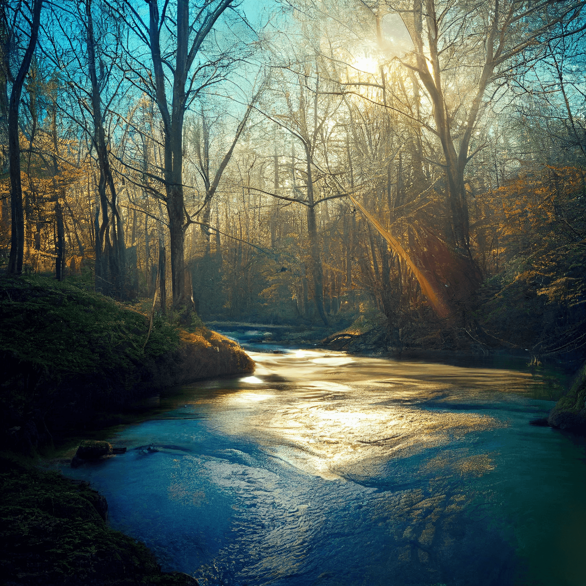 AI generated: A picture of a tranquil forest with a winding river and a small wooden bridge t taken with sony a7m4...