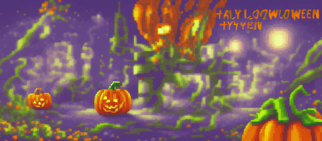 AI generated: Halloween + pixel art banner + pixel art style + cover art style + illustration