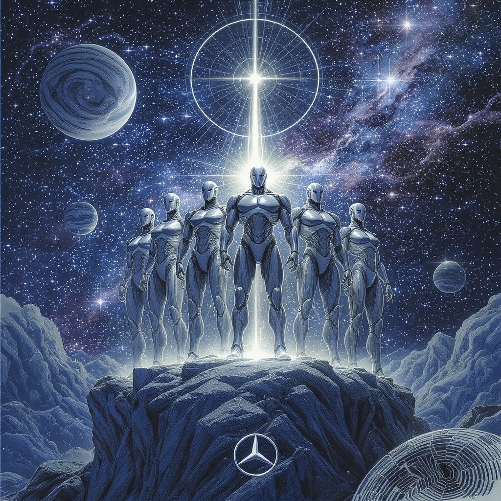 AI generated: six cyborgs 3 men and 3 women, standing on the edge of the universe, in a team position and with 
s...