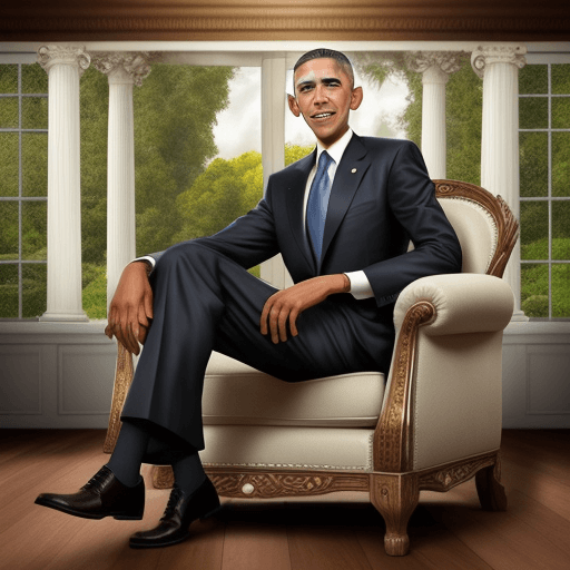AI generated: Handsome Barack Obama caricature look a like character sitting on a couch in the middle of the room,...