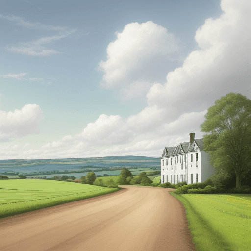 AI generated: white country house with road, field, daylight, clouds, bright colours 