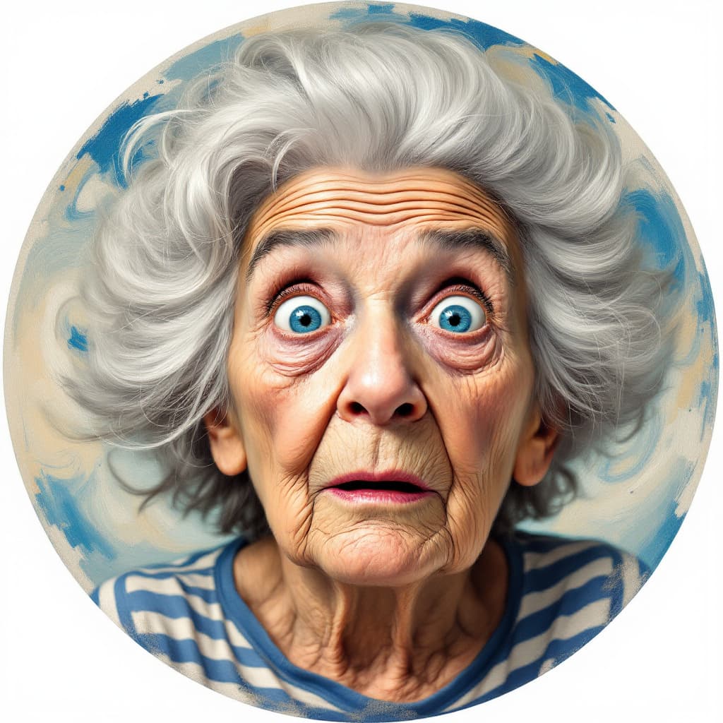AI generated: Oil painting with circular composition and fisheye effect, central close-up of the old wrinkled face...