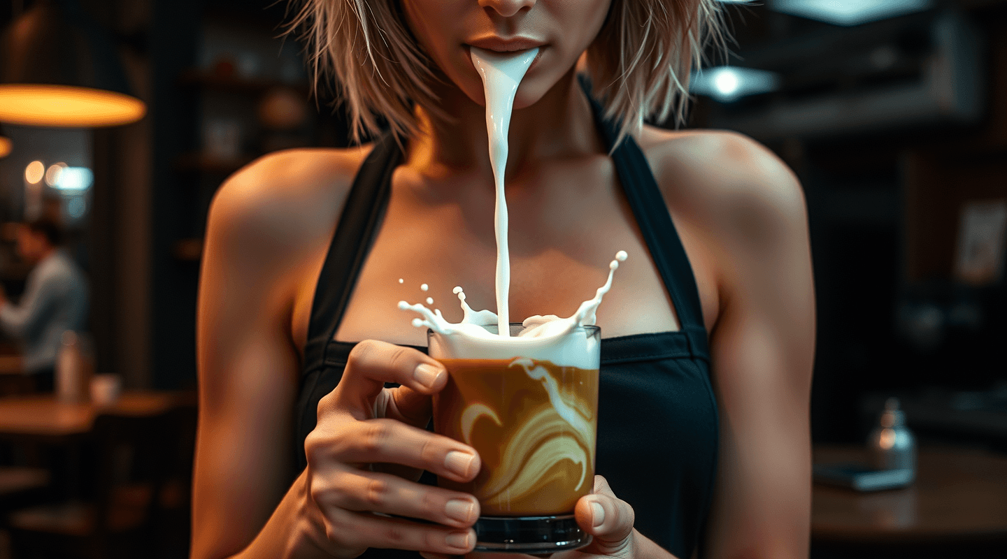AI generated: photograph of coffee-shop lady, well fit torso, bulging breasts, black apron, no bra, messy blond bo...