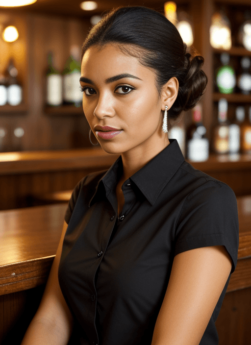 AI generated: closeup portrait black woman upsweep updo sitting at bar