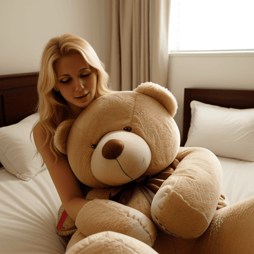 AI generated: Blond Woman cuddles a big Teddy Bear in Bed