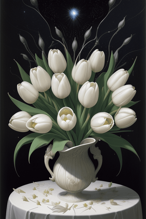 AI generated: Opening of a bouquet of white tulips, fractals of liquid smoke, elegant botany, dynamic movement, Ra...