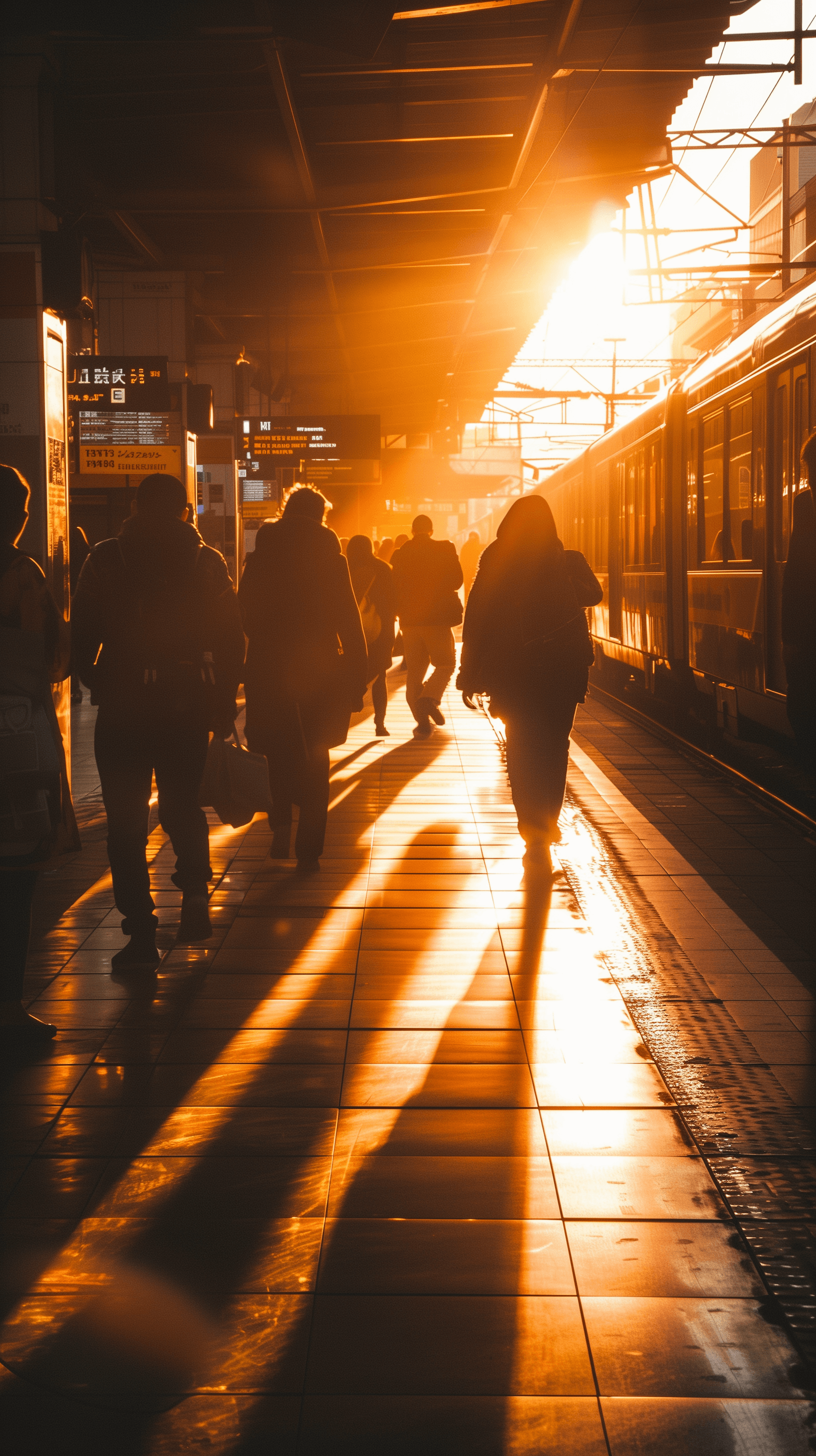 AI generated: busy urban train platform during golden hour, sunlight casting deep orange shadows while multiple co...
