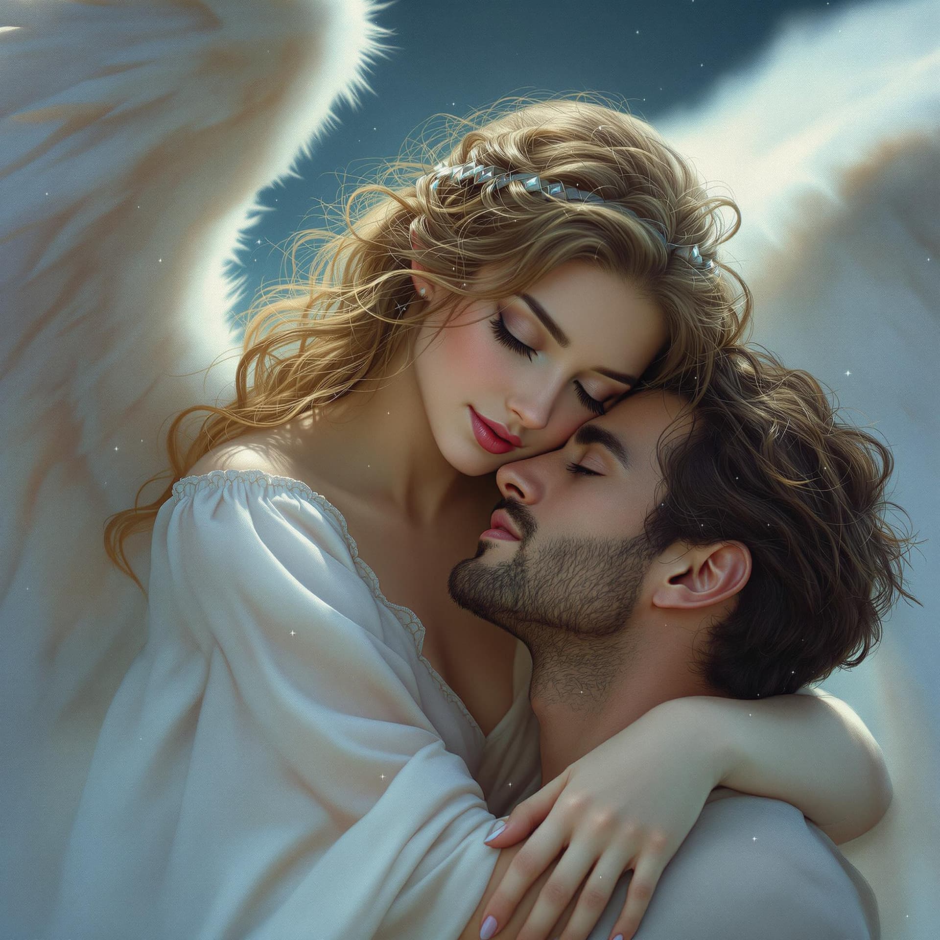 AI generated: photo realism celestial being: a gentle female angel with luminous sky-blue eyes, crimped brown hair...