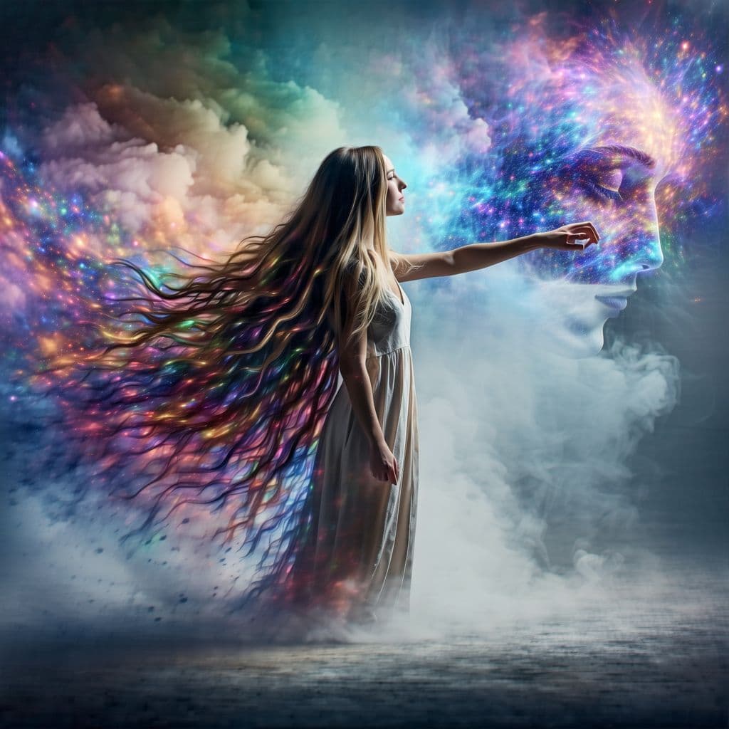 AI generated: A playful dream shaper, with long hair that shifts between countless colors, her dress reacting to h...