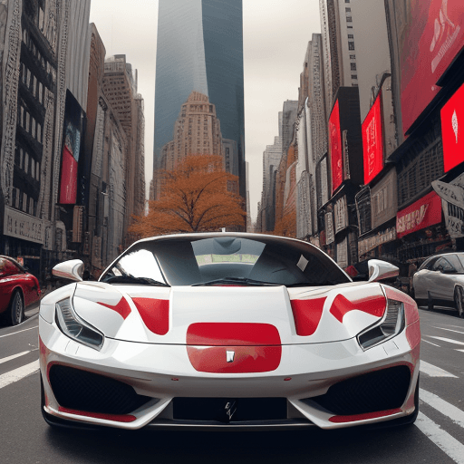 AI generated: a white horse driving a red Ferrari in New York City