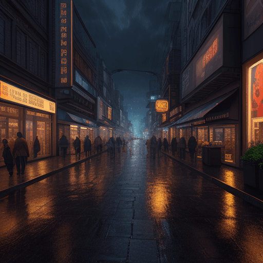 AI generated: night street city after rain, light boxes, detailed picture, 3d