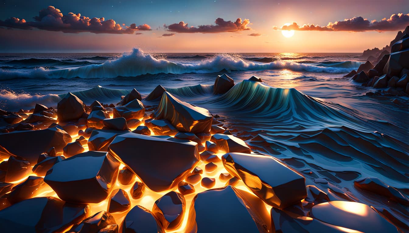AI generated: extremely detailed CG unity 8k wallpaper, dazzling waves, huge low poly rocks, 4k, uhd, extremely de...